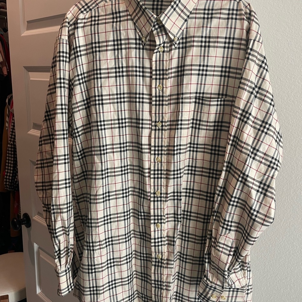 Vintage Burberry Beige and Black Plaid Button Down Shirt